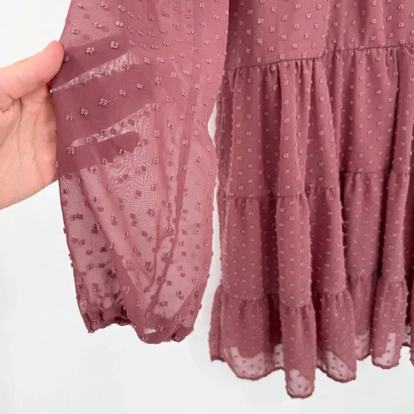 Trixxi Mauve Swiss Dot Tiered Mini Dress High Ruffle Neck Long Sleeve Women's M - Picture 3 of 13
